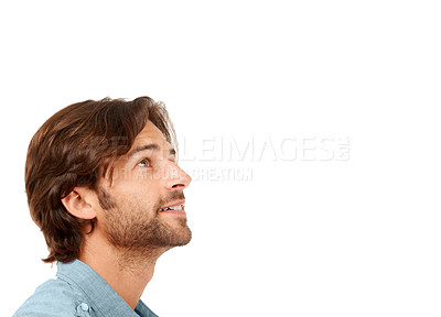 Buy stock photo Thinking, studio and man looking at mockup space for  product placement, advertising or marketing. Pensive, idea and young male model contemplating or wondering isolated by a white background mock up
