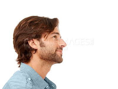 Buy stock photo Man, studio and side headshot for thinking, vision and ideas for success by white background with smile. Model, focus and isolated for idea, goals and inspiration with happiness, motivation and think