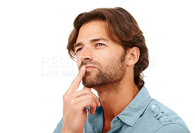 Buy stock photo Thinking, idea and face of businessman on a white background for brainstorming, planning and strategy. Creative leader, marketing and male entrepreneur with vision, thoughtful and goals in studio