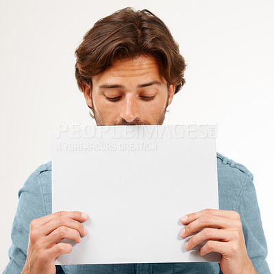 Buy stock photo Man, hands and holding blank poster for marketing, advertising or message on mockup. Hand of male with white empty paper or billboard standing for copy space, branding or logo for advertisement