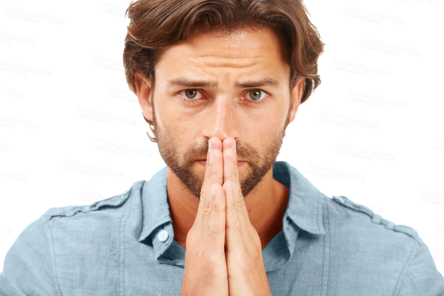 Buy stock photo Portrait, man or anxiety and prayer hands on studio background in mental health, stress burnout or nervous. Zoom, face or worried model and hope, praying or wish gesture for good news, luck or change