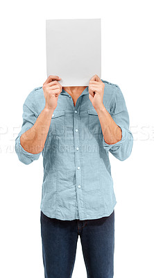 Buy stock photo Mockup, blank advertising poster and man with paper billboard for marketing or sale. Branding, mock up sign and person with board in front of face for advertisement with white background isolated