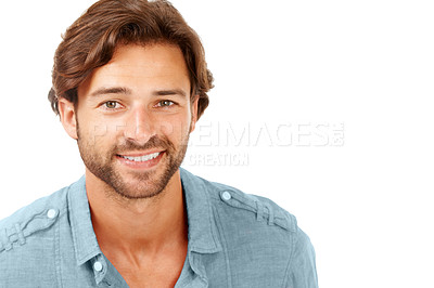 Buy stock photo Portrait, casual and man with smile, success and happy guy isolated on white studio background. Canada, male  and gentleman with confidence, weekend and break to relax, calm and chill for holiday