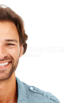 Buy stock photo Happy, man and portrait of a model face with a smile and beard with isolated white background. Happiness, smiling and person alone feeling positive and joy standing with mockup space in studio