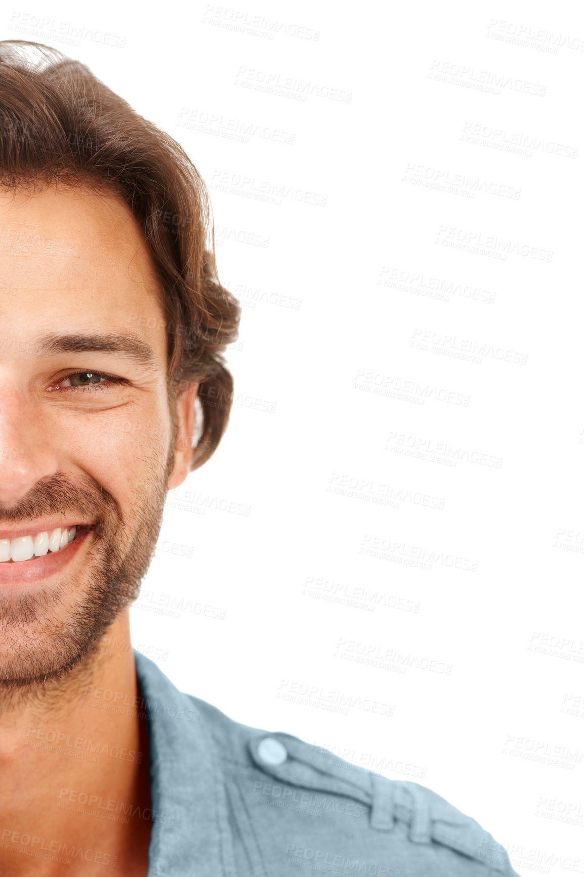 Buy stock photo Happy, man and portrait of a model face with a smile and beard with isolated white background. Happiness, smiling and person alone feeling positive and joy standing with mockup space in studio