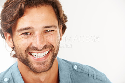 Buy stock photo Portrait, mouth and dental with a man model in studio on a white background with mockup for oral hygiene. Health, wellness and smile with a handsome male showing perfect teeth after whitening