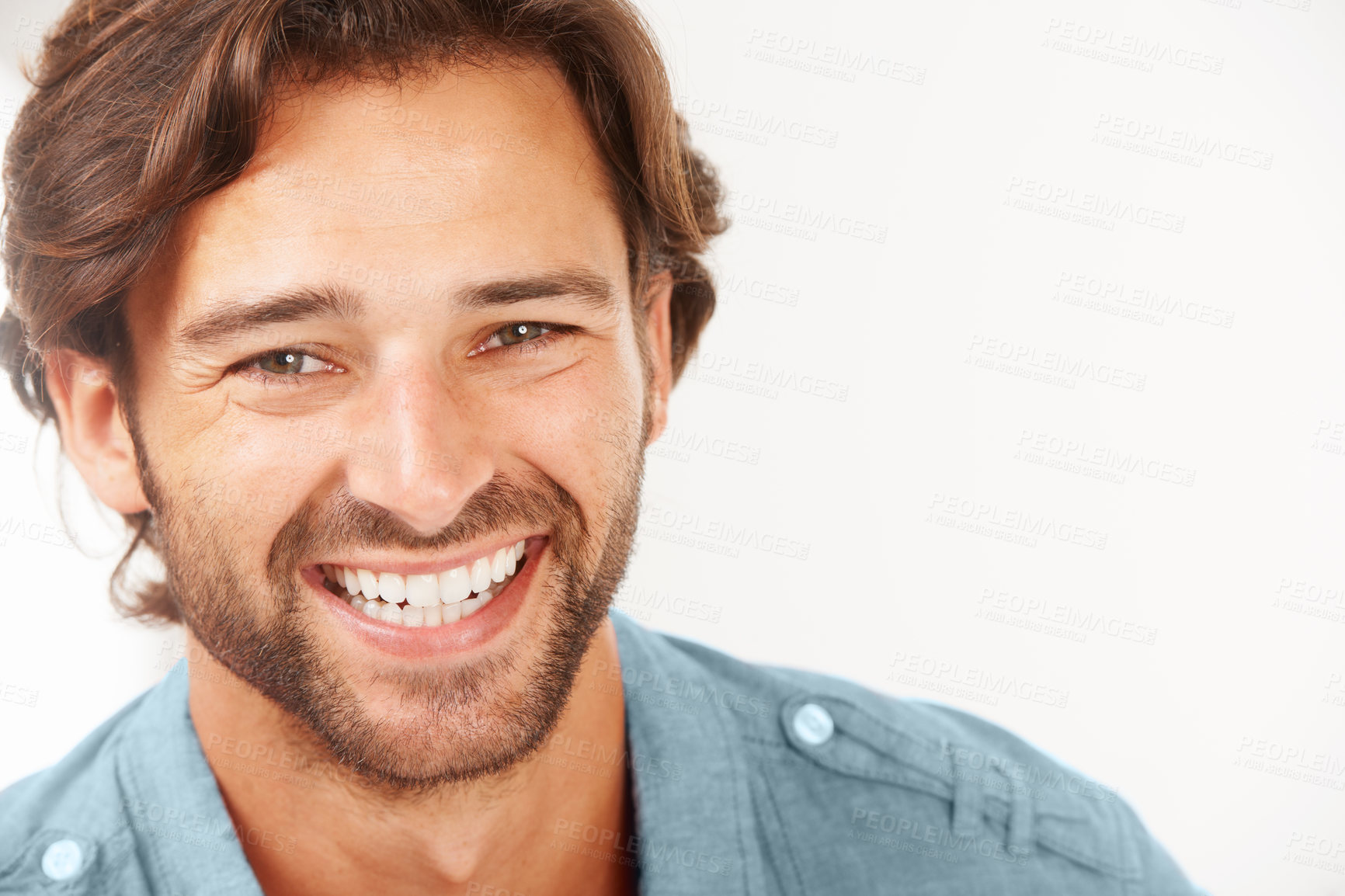 Buy stock photo Portrait, mouth and dental with a man model in studio on a white background with mockup for oral hygiene. Health, wellness and smile with a handsome male showing perfect teeth after whitening