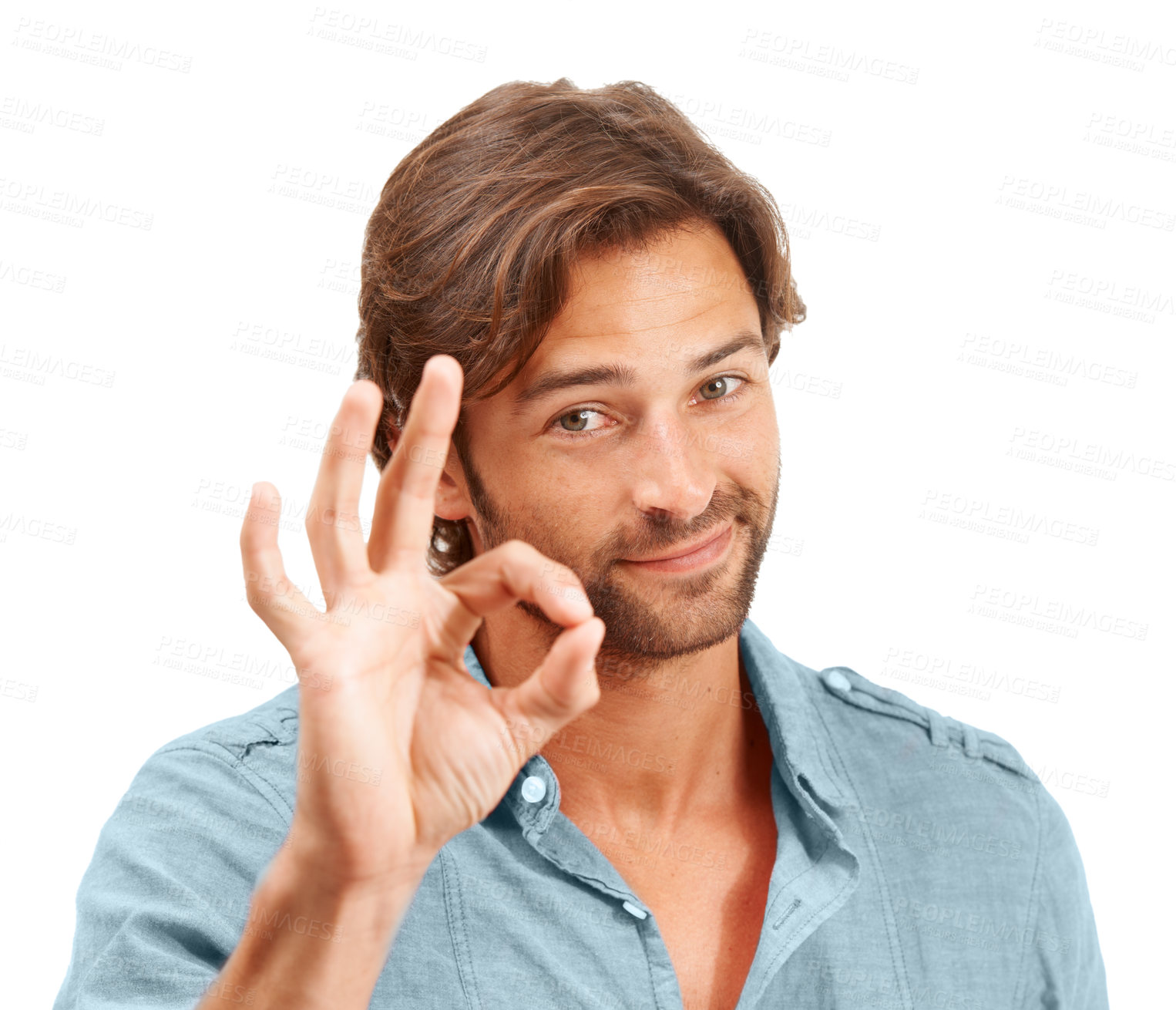 Buy stock photo Man, face and OK hand sign with portrait, agreement or good review, feedback and emoji against studio background. Yes gesture, success and vote with approval and male voice positive opinion 