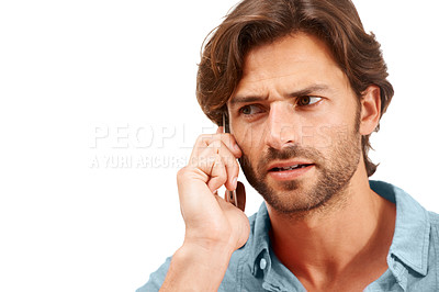 Buy stock photo Scam phone call, confused and face of businessman on a white background for talking, discussion and communication. A spam, network and entrepreneur with stress, issue and problem on mobile phone