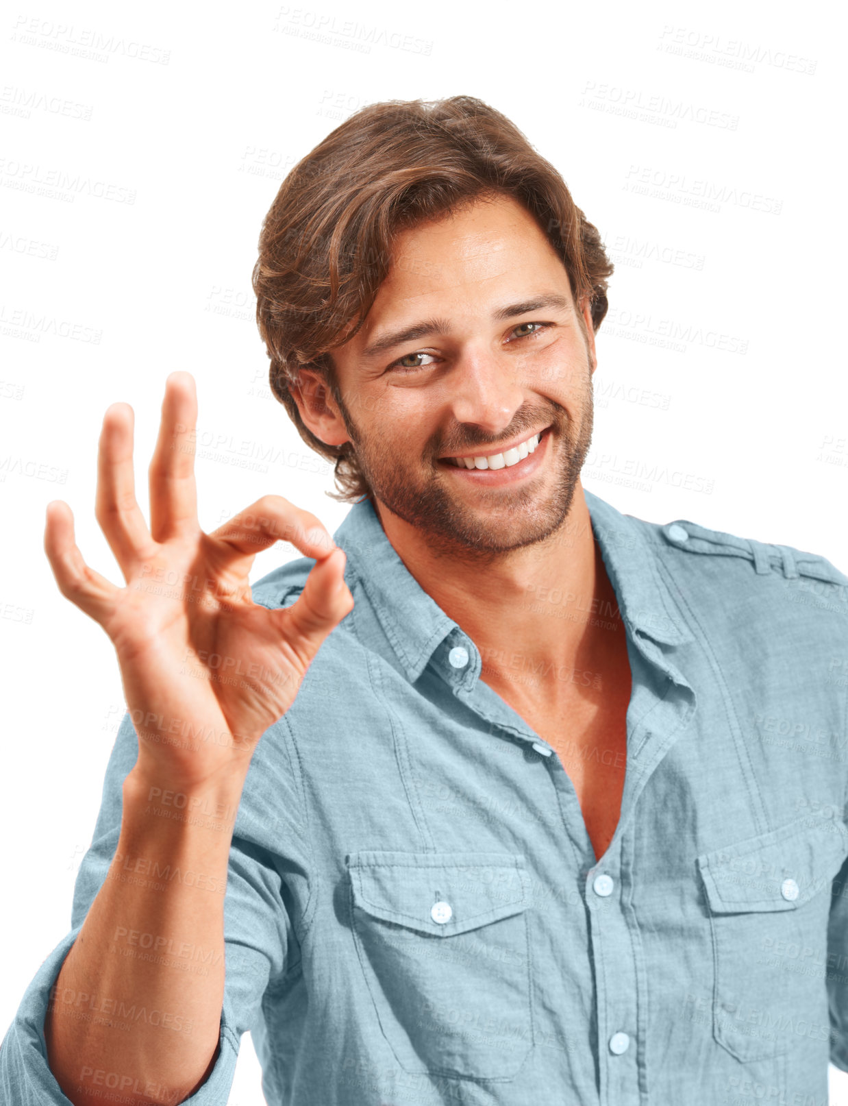 Buy stock photo Man with smile, Ok hand sign and agreement in portrait, good review with feedback and emoji against studio background. Yes gesture, success and vote with approval and male voice positive opinion 
