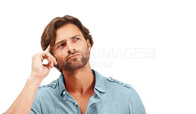 Buy stock photo Creative businessman, thinking and wondering for idea, solution or thought against a white studio background. Isolated man with thoughtful expression pondering in contemplation for startup on mockup