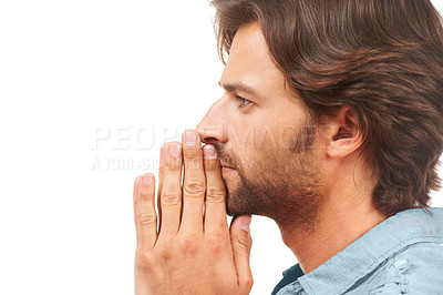 Buy stock photo Thinking, doubt and mockup with a man in studio isolated on a white background being confused by an idea. Face, profile and praying with a handsome male looking at mock up in a thoughtful pose