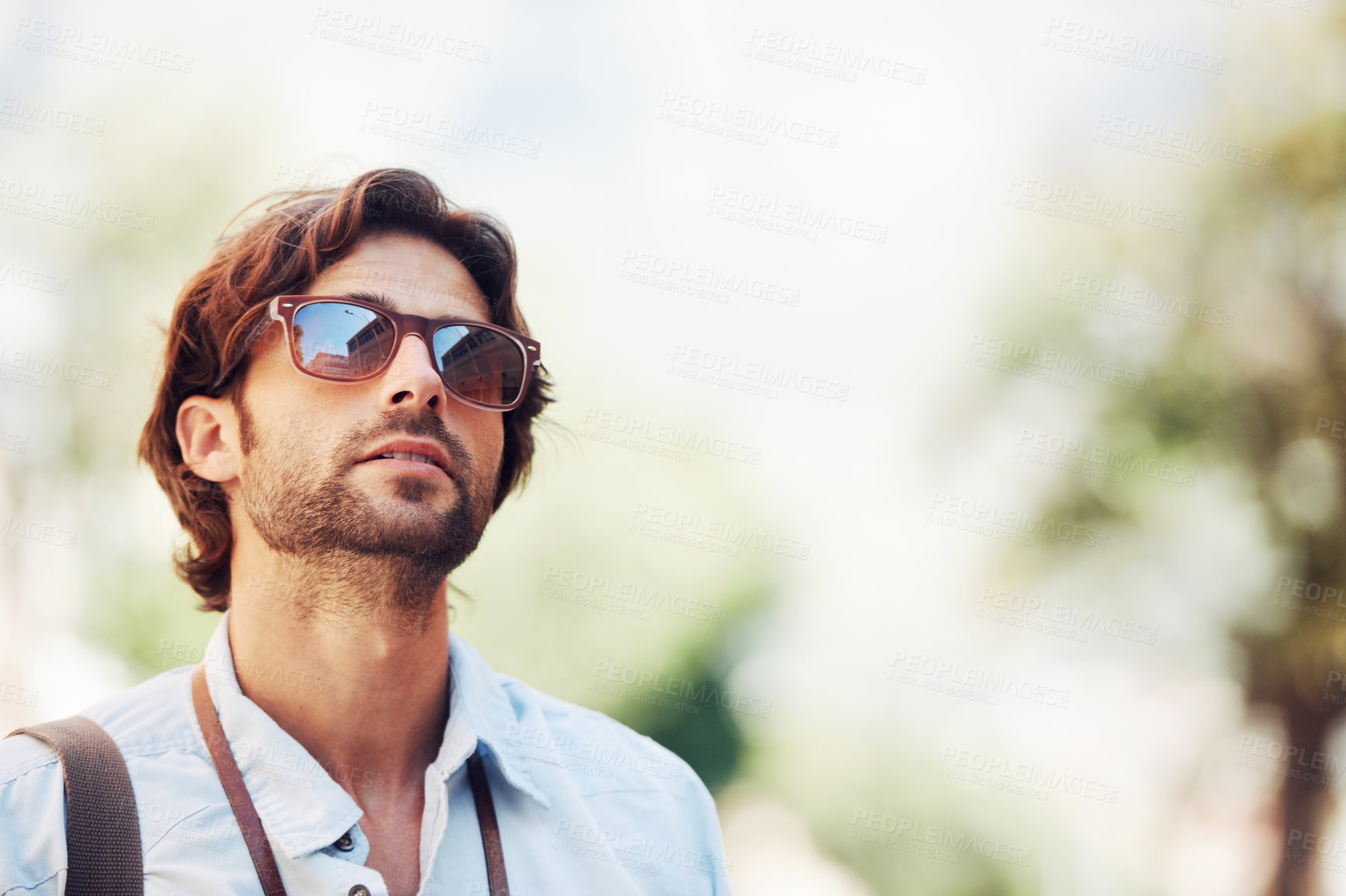 Buy stock photo Travel, man or tourist on holiday, vacation or weekend trip for a fun adventure in Italy with sunglasses. Bokeh mockup space, view or person with fashion or freedom sightseeing in nature journey 