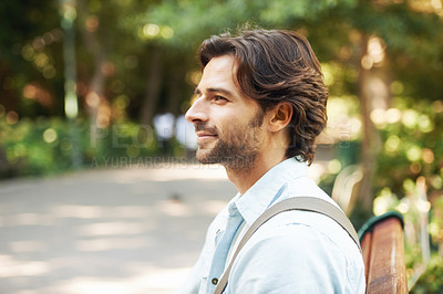 Buy stock photo Relax, profile or man in park on a bench in summer for fresh air, holiday vacation or break alone in garden. Thinking, smile or calm male person in nature resting or waiting in a natural environment