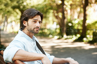 Buy stock photo Relax, thinking or person in park on a bench in summer for fresh air, holiday vacation or break in garden. Mental health, Italy or calm man in nature resting or waiting in a natural environment
