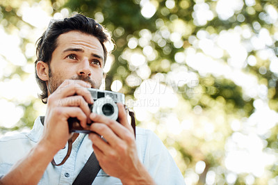 Buy stock photo Camera, photographer or man in nature on holiday vacation trip for creativity, shooting or tourism memory. Photography, travel or male tourist with pictures for sightseeing or trees in park in summer