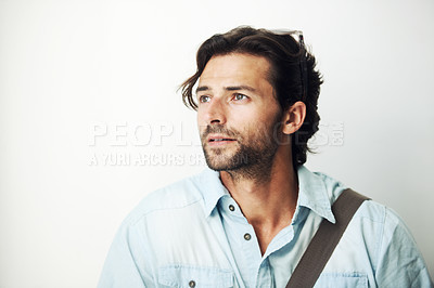 Buy stock photo Mockup, thinking and man with idea, decision or guy isolated on white studio background. Male, gentleman or ideas, thoughts and wonder with imagination, fantasy and day dreaming on studio backdrop