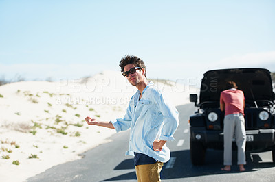 Buy stock photo Men, car and hitchhiking in road for help or engine problem on roadtrip or journey outdoor in desert. People, travelers and transport risk in street or highway with roadside crisis and assistance