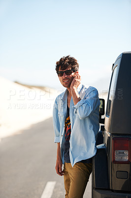 Buy stock photo Road trip, phone call and man by car for help, conversation and travel outdoor on mockup space. Smartphone, roadside assistance and person with motor truck breakdown, insurance or driver in emergency