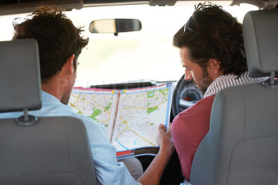 Buy stock photo Road trip, men and car with map for travel, direction or adventure outdoor in nature to navigate. People, travelers or tourist in vehicle for vacation, holiday or tourism with searching destination
