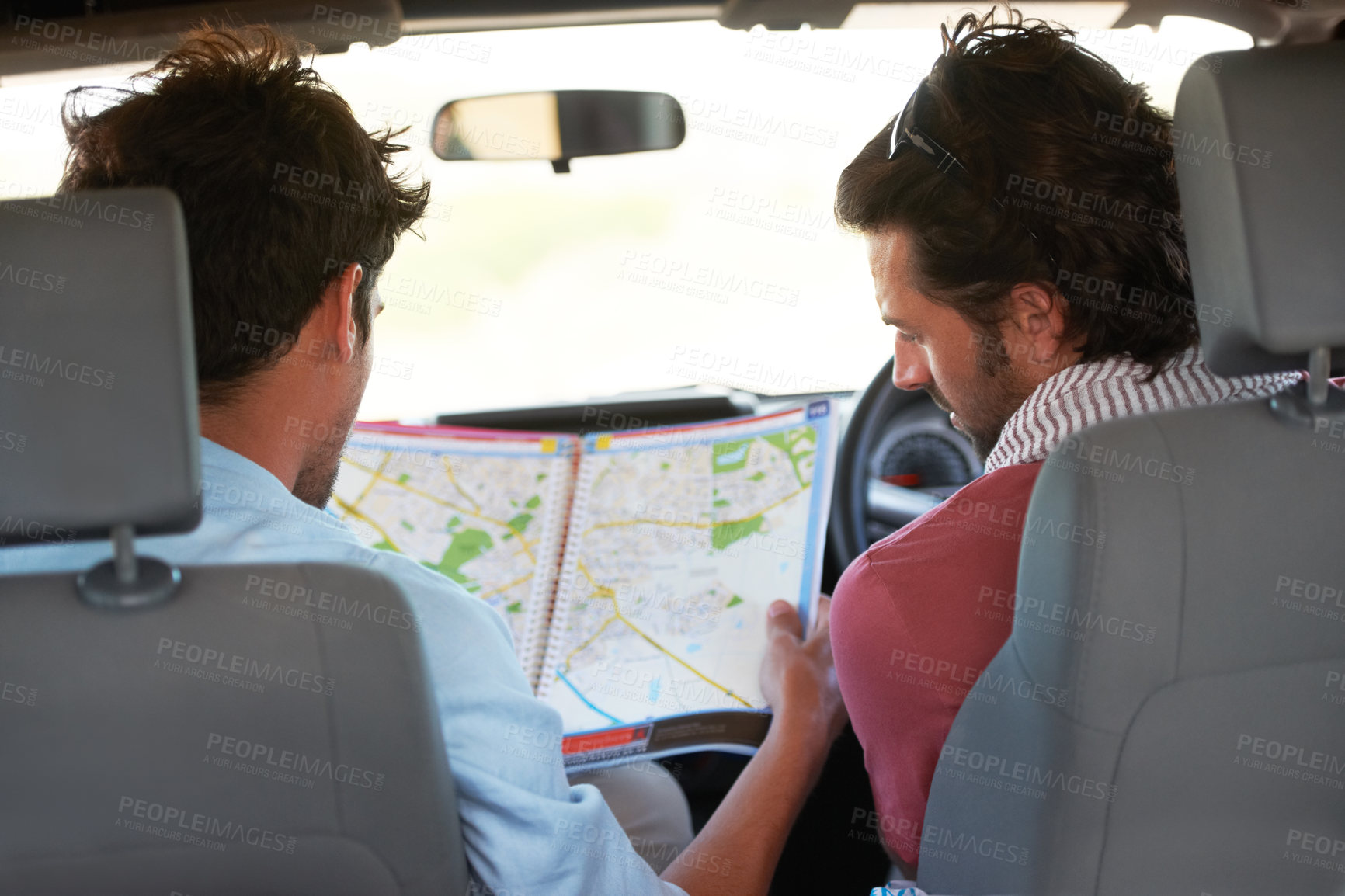 Buy stock photo Road trip, men and car with map for travel, direction or adventure outdoor in nature to navigate. People, travelers or tourist in vehicle for vacation, holiday or tourism with searching destination