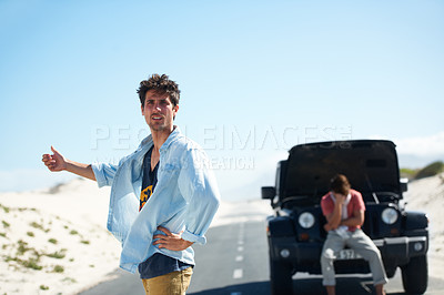 Buy stock photo Men, car or thumbs up for breakdown in road with engine problem on roadtrip or journey outdoor in desert. People, travelers and transport risk in street or highway with roadside crisis and assistance