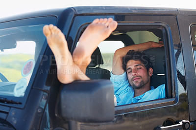 Buy stock photo Travel, tired and man in a car, sleeping and road trip on a break, getaway and resting with transport. Male person, traveler and guy in a vehicle, fatigue and driver with dream, vacation and holiday 