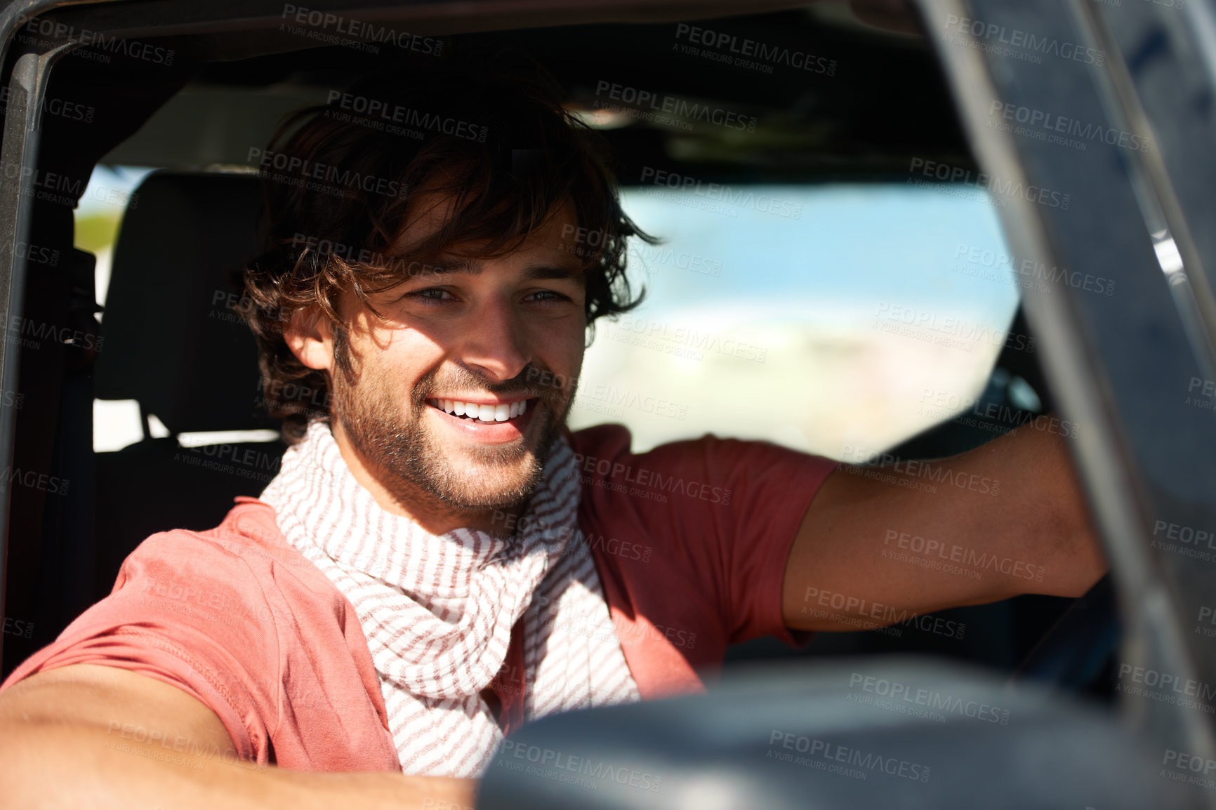 Buy stock photo Smile, portrait and man in car on road trip with freedom, travel and desert adventure for summer vacation. Transport, holiday journey and happy driver in van with nature, sunshine and countryside.