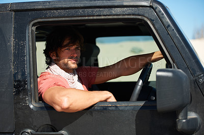 Buy stock photo Man, car and driving for road trip, travel or holiday in outdoor journey or adventure in nature. Handsome or attractive male person or driver looking out window of vehicle in traveling, view or break