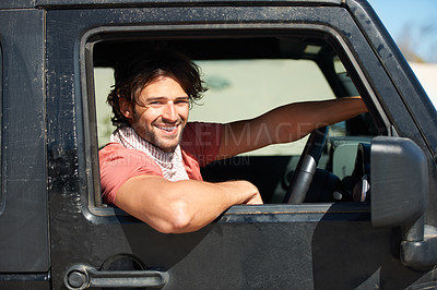 Buy stock photo Smile, portrait and man in van on road trip with freedom, travel and desert adventure for summer vacation. Transport, holiday journey and happy driver in car with nature, sunshine and countryside.
