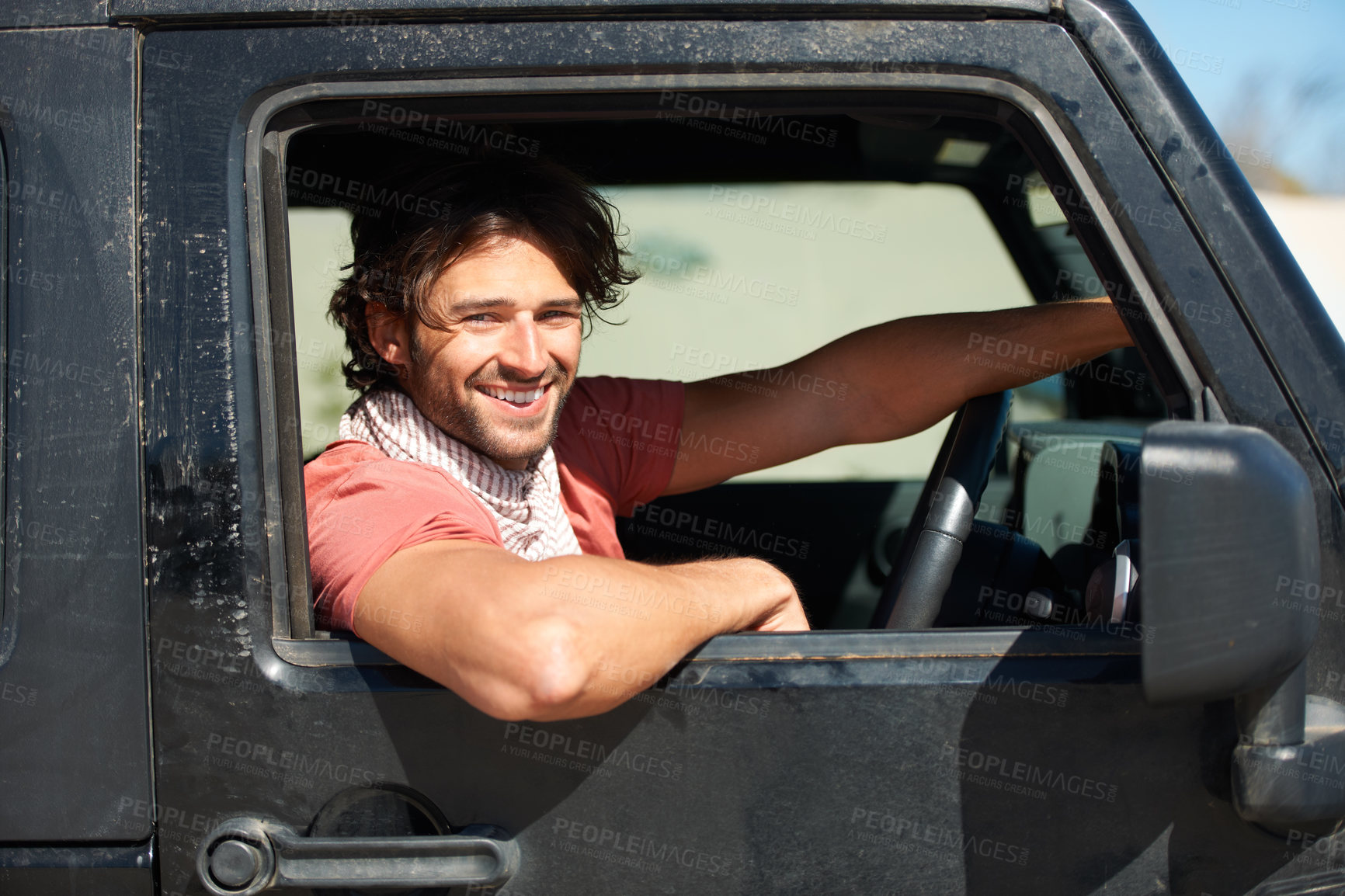 Buy stock photo Smile, portrait and man in van on road trip with freedom, travel and desert adventure for summer vacation. Transport, holiday journey and happy driver in car with nature, sunshine and countryside.
