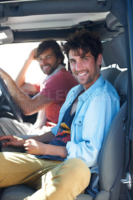 Buy stock photo Portrait, travel and happy men friends in a van for road trip, adventure or vacation together. Freedom, transportation and face of people relax in a vehicle for holiday, trip or traveling journey