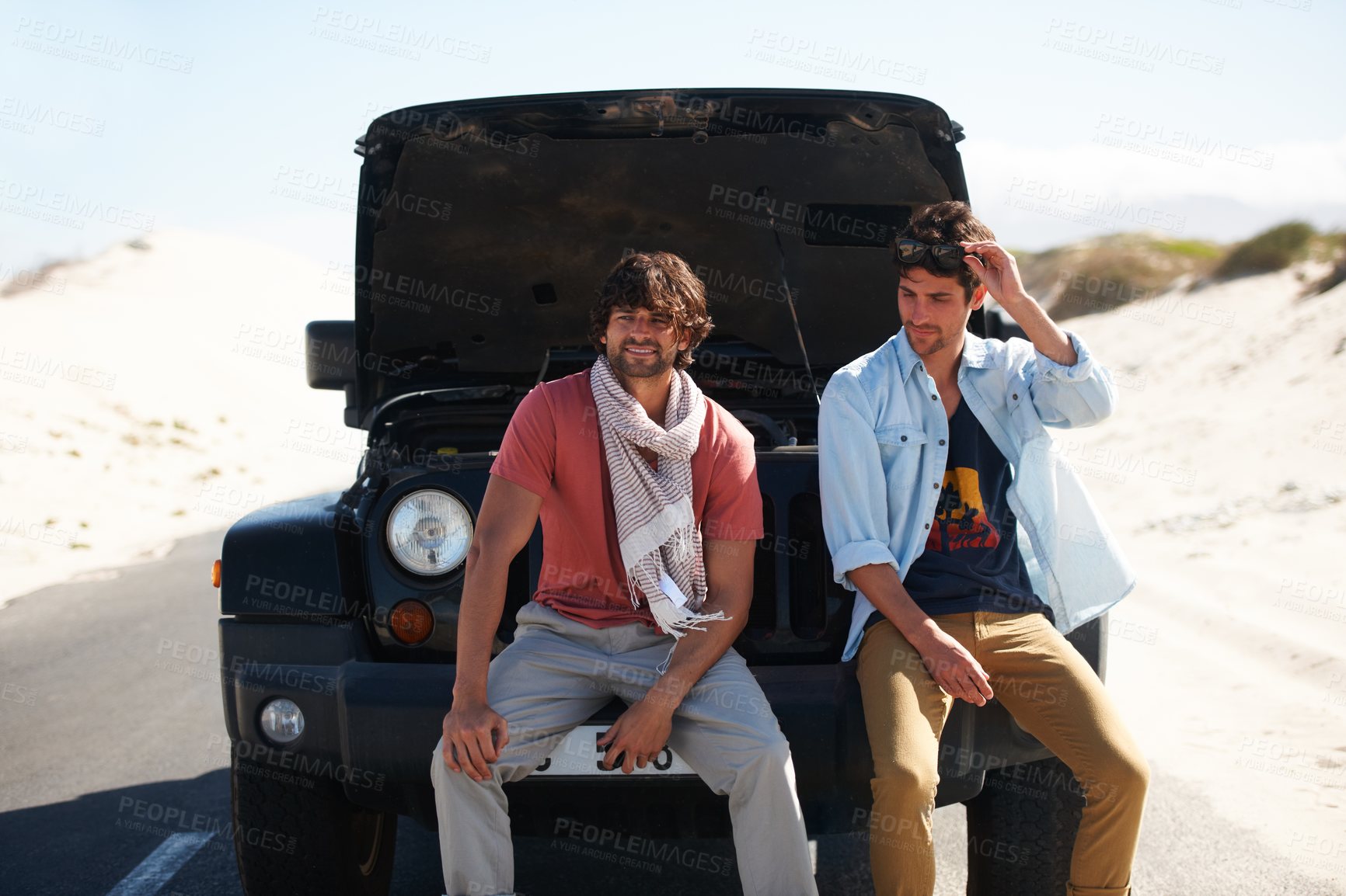 Buy stock photo Friends, men and car breakdown on road trip, travel and journey outdoor. Engine problem, truck fail and people waiting for roadside assistance, motor transport insurance and help together at desert