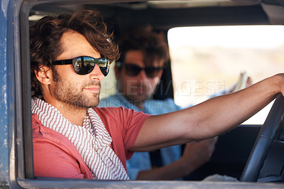 Buy stock photo Road trip, driving and men for travel adventure, journey and holiday in summer, sunglasses and tourism. Driver, people or young friends for transport, car and conversation, talking and real vacation