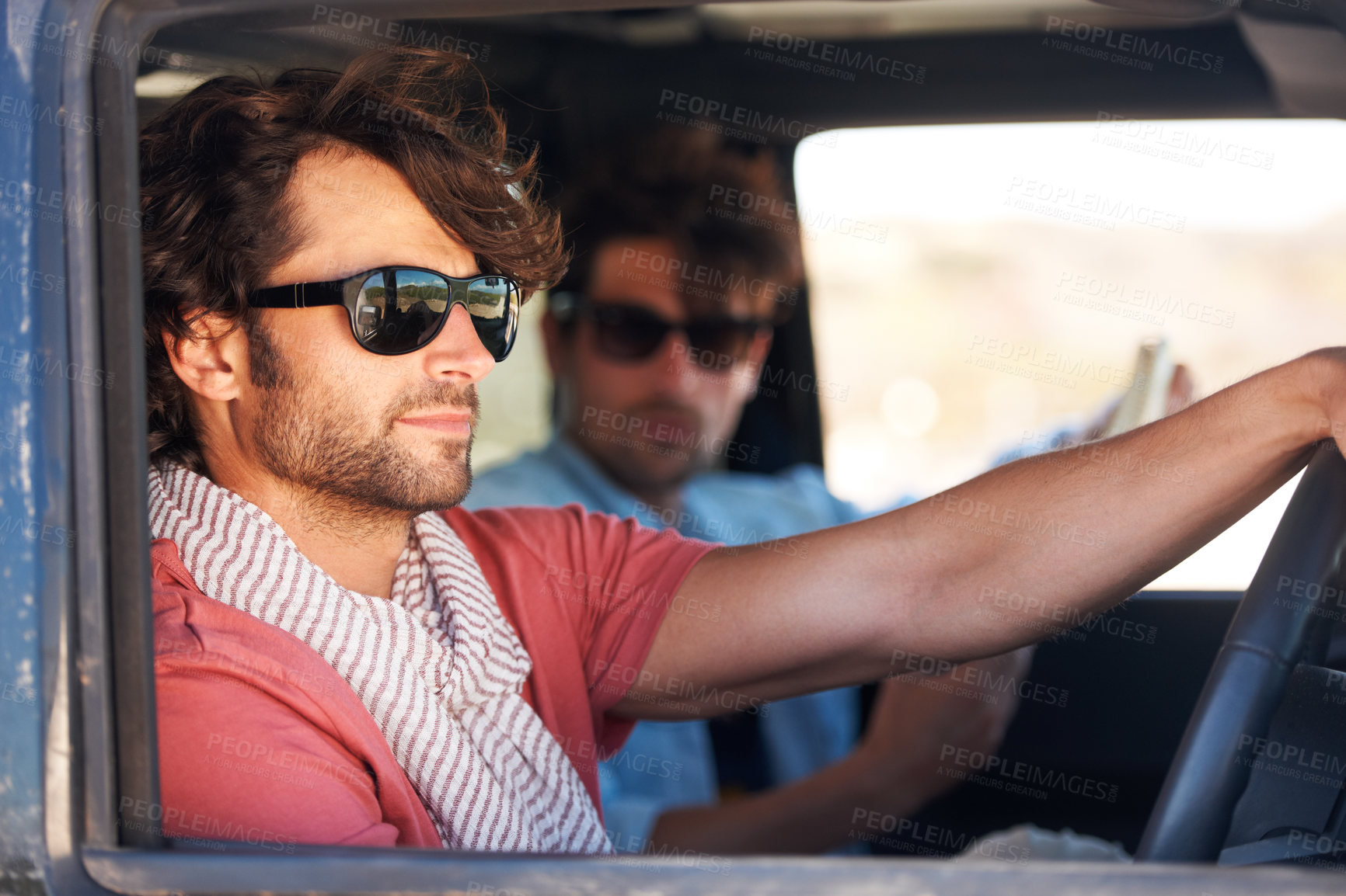 Buy stock photo Road trip, driving and men for travel adventure, journey and holiday in summer, sunglasses and tourism. Driver, people or young friends for transport, car and conversation, talking and real vacation