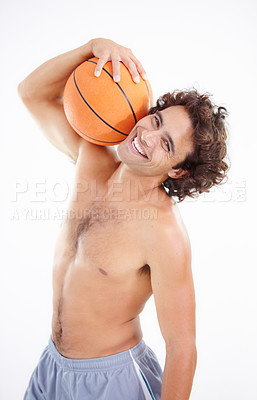 Buy stock photo Sports, portrait and smile of man with basketball in studio isolated on a white background. Player, fitness and happy athlete with ball ready for training, exercise or workout for wellness and health