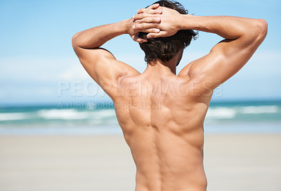 Buy stock photo Beach, travel and back of a man on a vacation, adventure or weekend trip on tropical island. Relax, freedom and male person standing and watching the ocean water while on summer holiday in Australia.