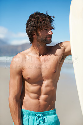 Buy stock photo Beach sports, surf and man looking at ocean view, sea waves or ready for fitness, training or outdoor nature wellness. Surfboard, thinking athlete and active surfer for exercise, workout or adventure