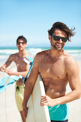 Buy stock photo Beach, summer and man surfing friends outdoor together for travel, vacation or holiday trip overseas. Surf, sea or fun with a young male surfer in sunglasses and friend bonding on an ocean coast