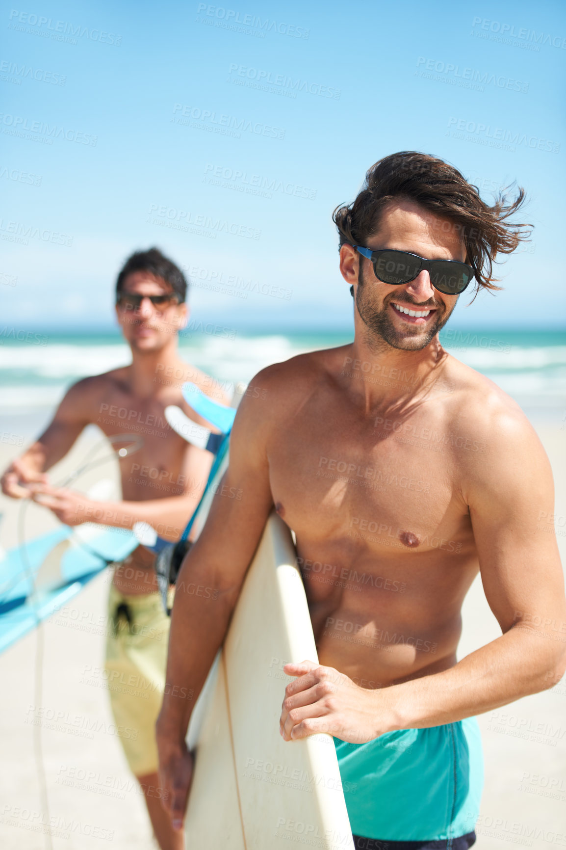 Buy stock photo Beach, summer and man surfing friends outdoor together for travel, vacation or holiday trip overseas. Surf, sea or fun with a young male surfer in sunglasses and friend bonding on an ocean coast