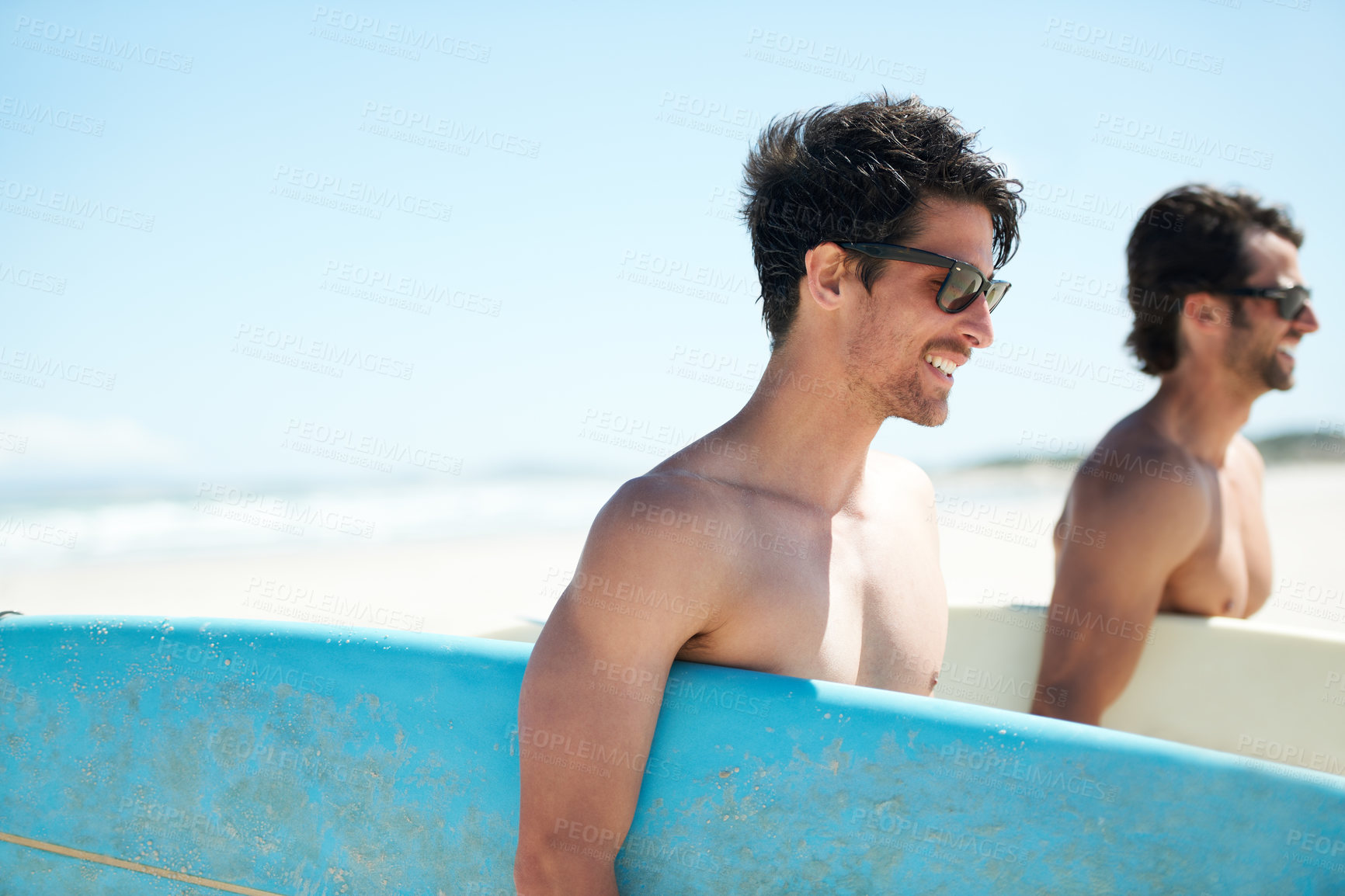 Buy stock photo Beach, summer and man surfer friends bonding outdoor on vacation or holiday travel overseas. Surf, sea or fun with a happy young male and friend in sunglasses surfing together on an ocean coast