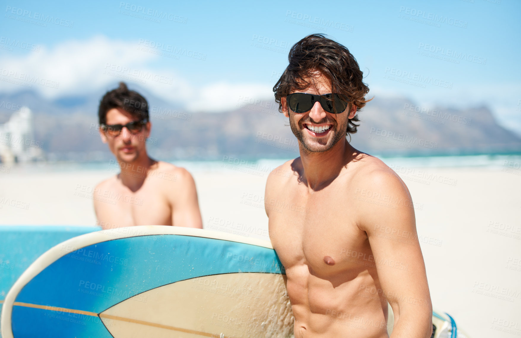 Buy stock photo Beach, sea and man surfing friends outdoor together for travel, vacation or holiday trip overseas. Surf, summer or fun with a young male surfer in sunglasses and friend bonding on an ocean coast