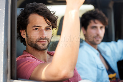 Buy stock photo Friends, portrait and men in car on road trip with freedom, travel and desert adventure for summer vacation. Transport, holiday journey and happy people in van with nature, sunshine and countryside.