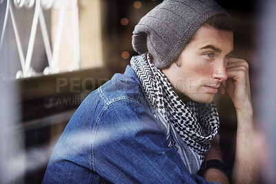 Buy stock photo Thinking, stylish fashion and a man in a house looking thoughtful, cool and trendy in the morning. Young, hipster and a guy or person with an idea and relax while fashionable and sitting in thought
