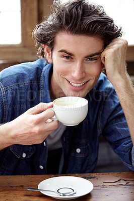 Buy stock photo Coffee shop portrait, restaurant cup or happy man, customer or client happiness for cafe, espresso or morning latte. Hospitality smile, face or young person relax for wellness drinks service in diner