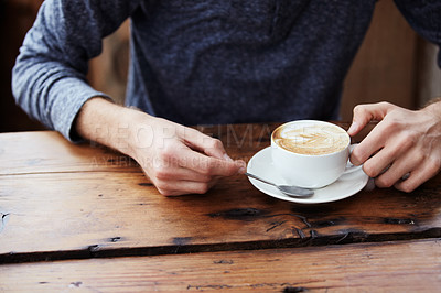 Buy stock photo Cropped image of male hands and a cup of coffee