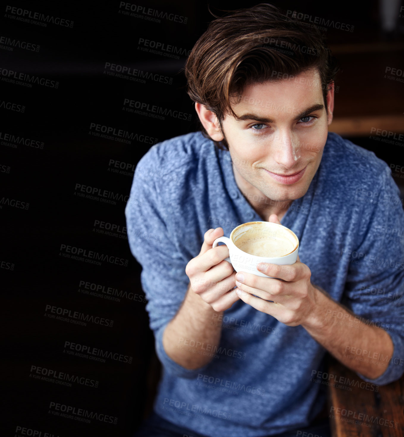 Buy stock photo Restaurant drink, coffee cup and happy man, portrait consumer or person with morning caffeine drinks at diner table. Night satisfaction, cafeteria or smiling customer holding tea mug in Croatia cafe