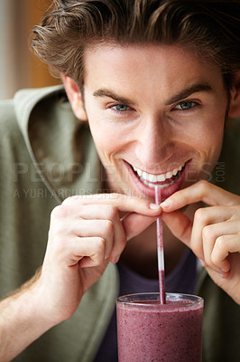 Buy stock photo Man, portrait and closeup smoothie drink for health nutrition, diet groceries or fruit. Male person, smile and breakfast beverage or organic wellness for vegan fibre, weight loss or balance choice