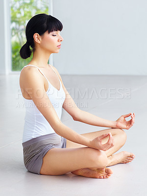 Buy stock photo Yoga meditation, floor and calm woman meditate for spiritual peace, chakra balance or soul healing, self care or breathing. Eyes closed, studio and person relax for mindfulness, mindset or wellness