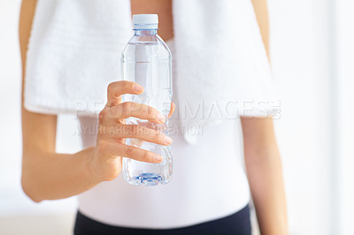 Buy stock photo Water bottle, hands or woman with health, fitness or wellness for hydration after exercise or training. Thirsty sports person, closeup or healthy athlete with liquid or aqua after workout to relax 